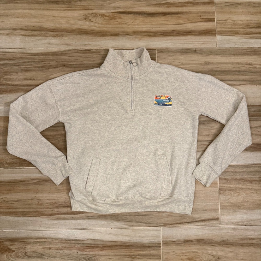 Ron Jon Surf Shop Quarter Zip Sweatshirt Oatmeal Heather Grey Beach Sunset M